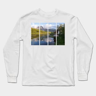 Wonderful landscapes in Norway. Nordland. Beautiful scenery of Thaihuset in a mountain valley. It is idyllically situated by a calm water. Mountains and trees in background. Sunset. Long Sleeve T-Shirt